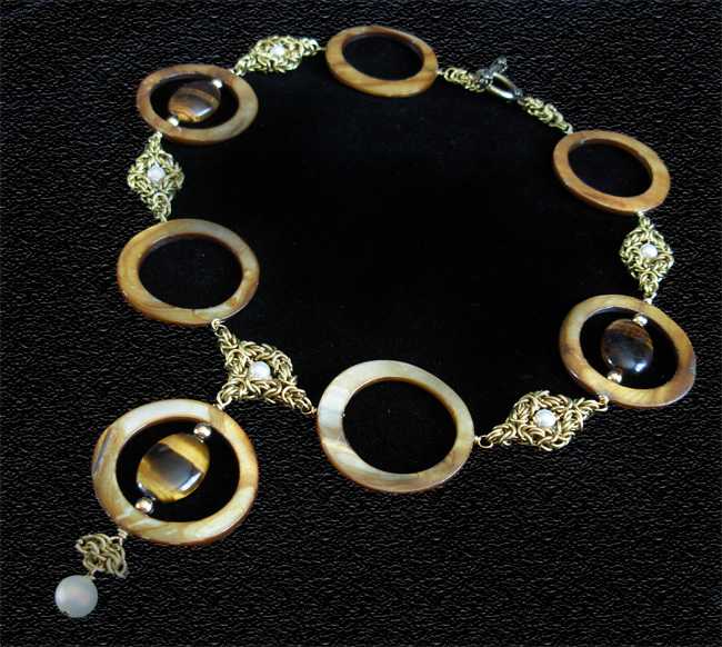 tiger eye with circle shells chainmaille necklace